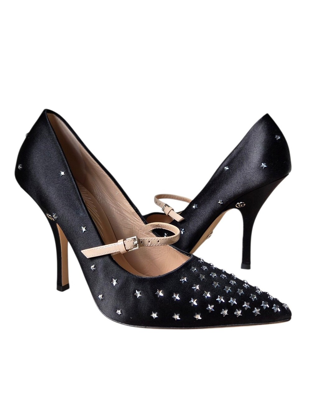 Gucci Jodie Crystal Embellished Satin Mary Jane Pumps Black 37.5
